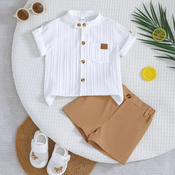 Wholesale Baby'S Boy Casual White Vertical Stripe Short Sleeve Blouse Loose Shorts Two-Piece Set