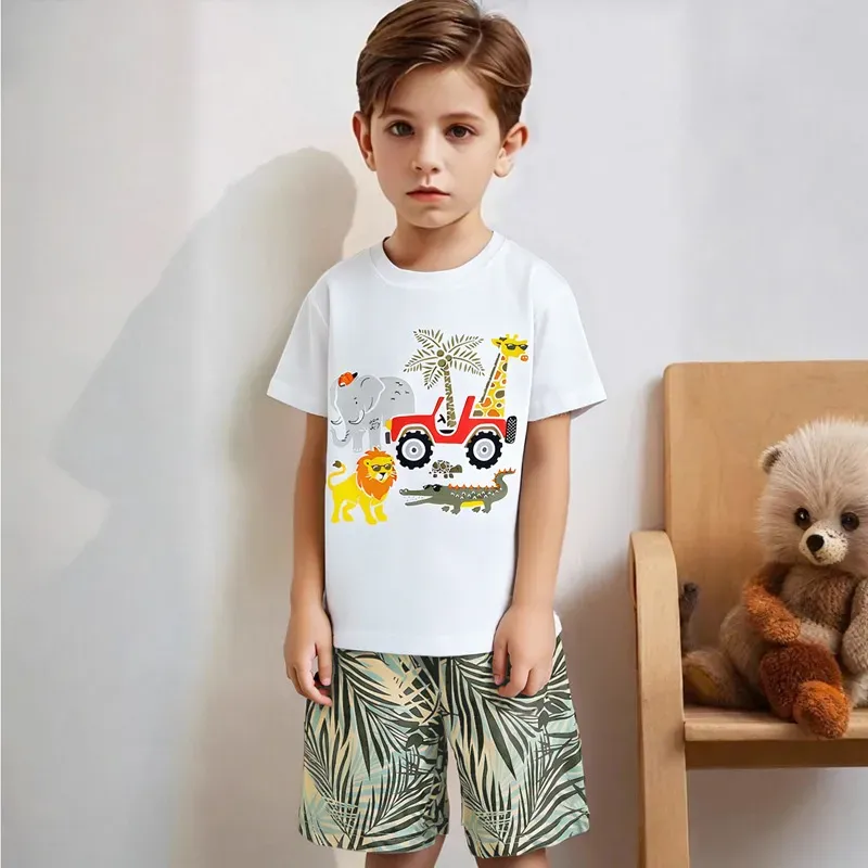 Wholesale Boys' Fashion Casual Printed Short-Sleeve T-Shirt Loose Shorts Two-Piece Set