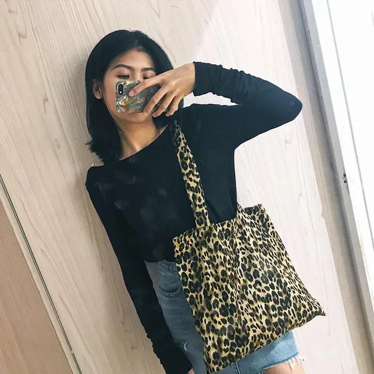 Women Fashion Color Blocking Leopard Printed Canvas Tote Bag