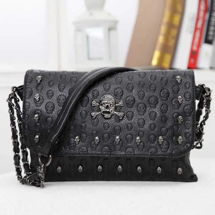 Women Fashion Solid Color Skull Rivet Decoration Crossbody Bag