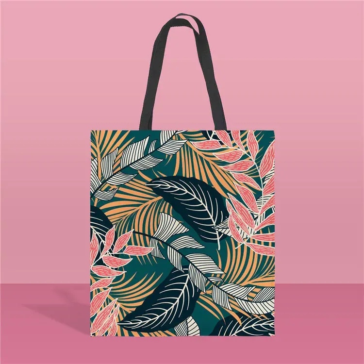 Women Fashion Color Blocking Plant Printed Large Capacity Canvas Tote Bag