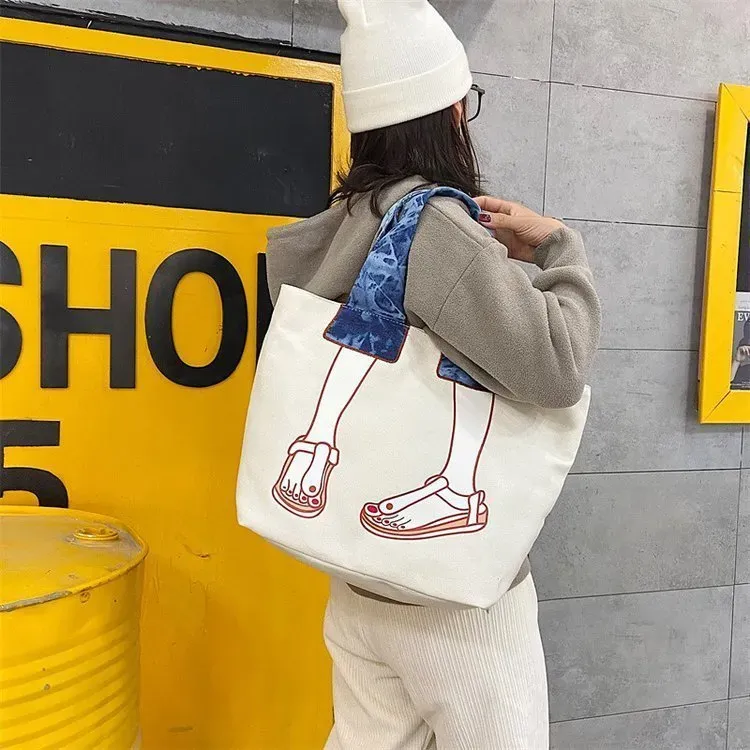 Women Creative Design Solid Color Canvas Large Capacity Shoulder Handle Tote Bag