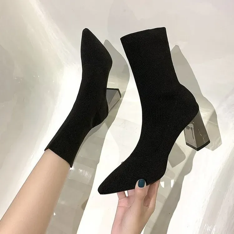 Women Edgy Autumn Solid Color Pointed Toe Block Heels Mid Calf Boots