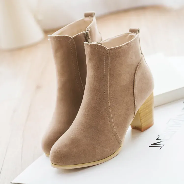 Women Elegant Vintage Solid Color Suede Upper Side Zipper Chunky Heel Short Boots
