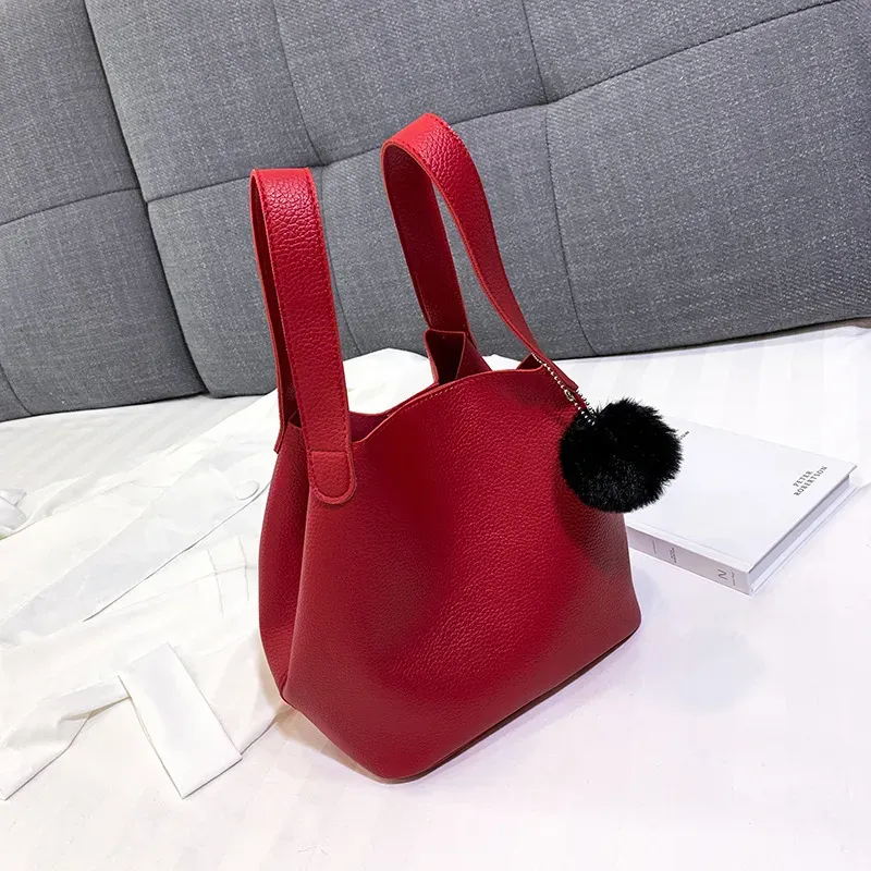 Women Vintage Pompon Design Solid Color Large Capacity Bucket Shoulder Handle Bag