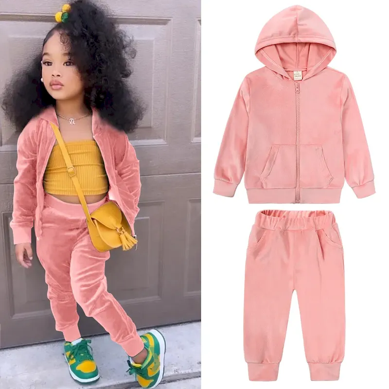 Wholesale Kids Toddler Big Boys Girls Casual Cute Solid Color Plush Long Sleeve Hoodies Trousers Set