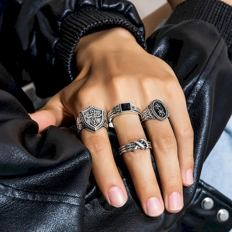 Wholesale Men'S Fashion Cross Shield Totem Multi-Element Ring Four-Piece Set