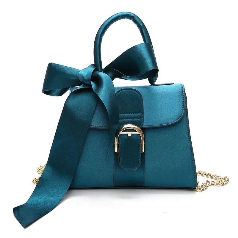 Women Fashion Solid Color Bow Design Velvet Handle Bag