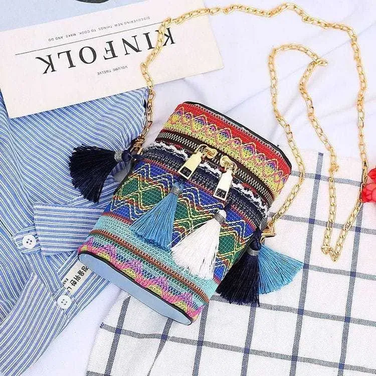 Women Fashion Color Blocking Cylinder Chain Crossbody Bag