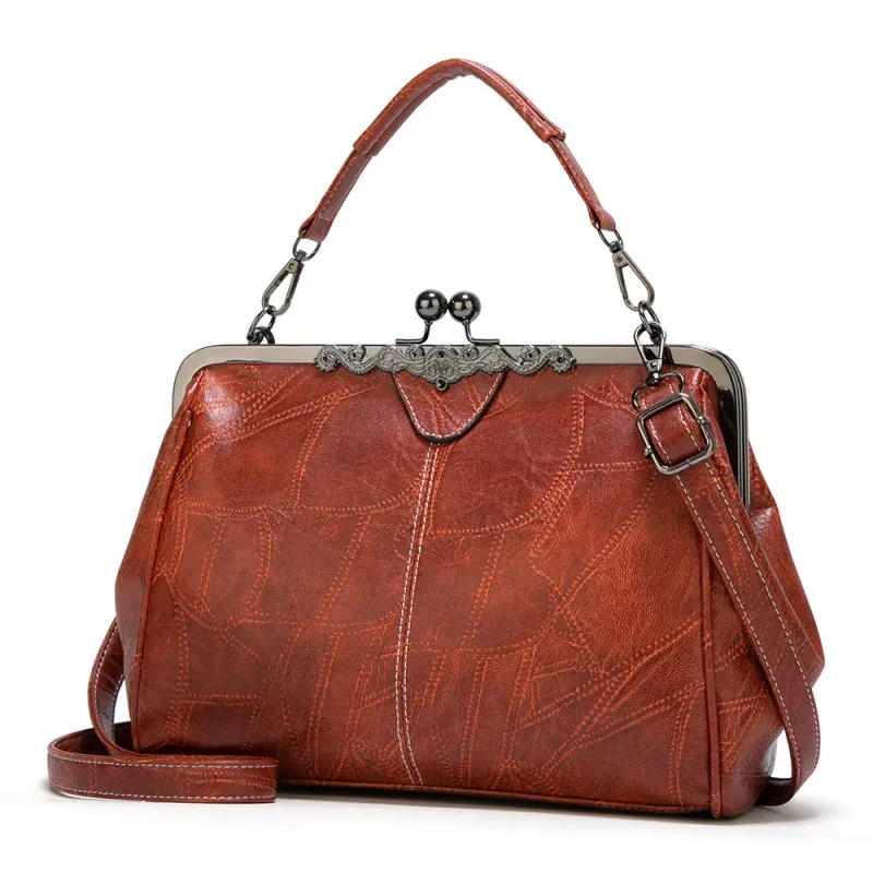 Women Vintage Design Solid Color Large Capacity Shoulder Handle Bag