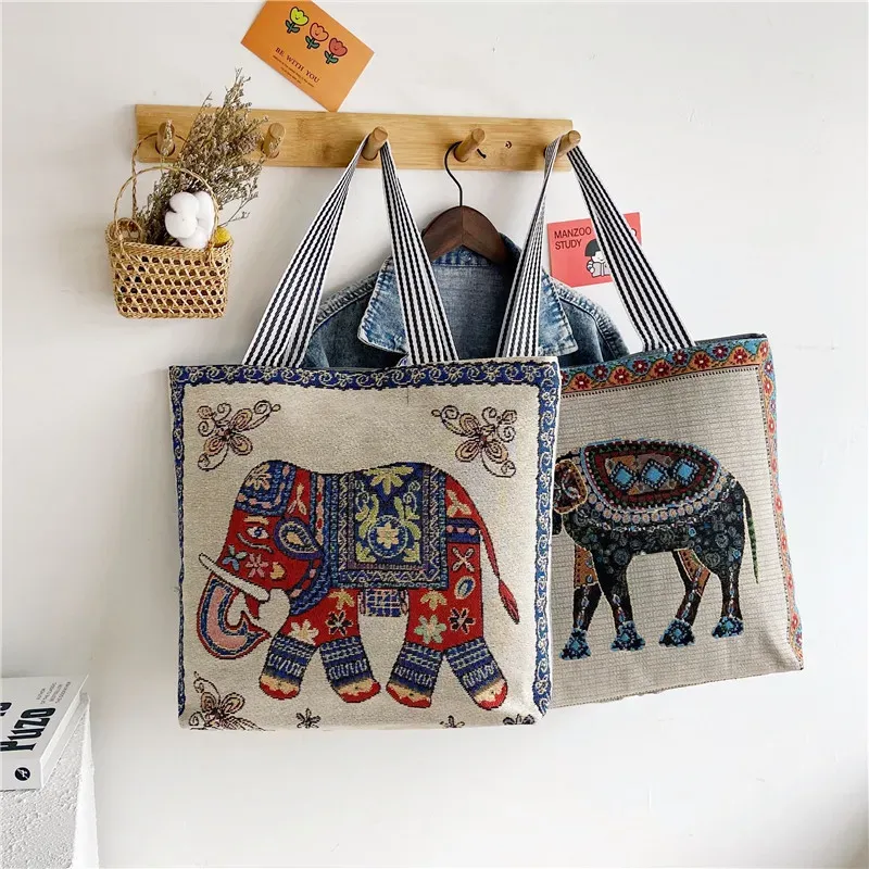 Fashion Ethnic Style Cartoon Embroidered Pattern Large Capacity Women Canvas Tote Bag