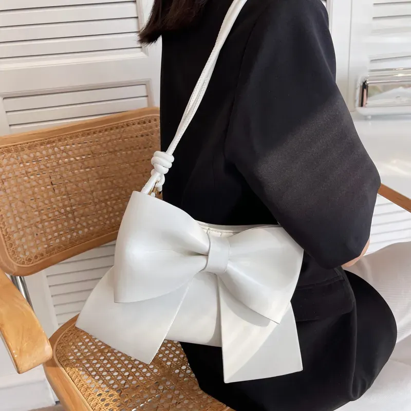 Women Creative Fashion Bow Design Solid Color PU Shoulder Bag