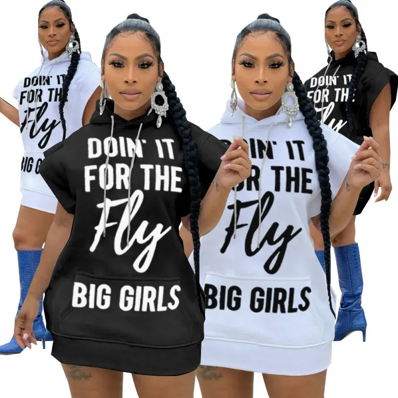 Women Edgy Spring Summer Short-Sleeved Pocket Plus Size Hooded Letter Printed Casual Dress