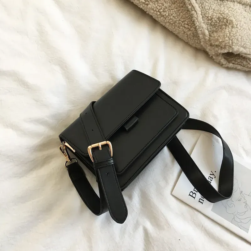 Women Basic Flap Buckle Design Solid Color PU Crossbody Bag