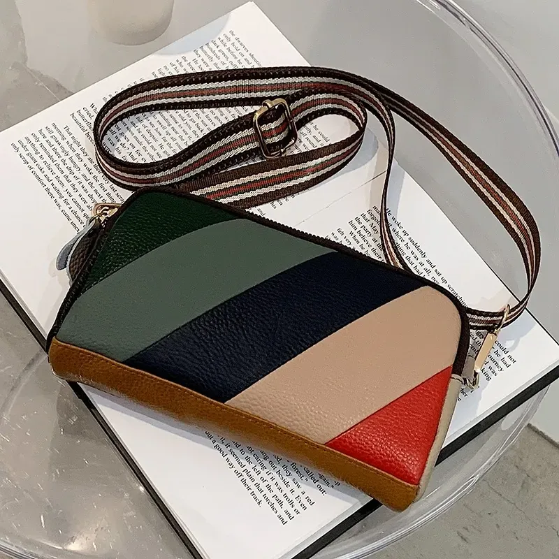 Women Casual Striped Color Blocking Zip Design PU Crossbody Bag