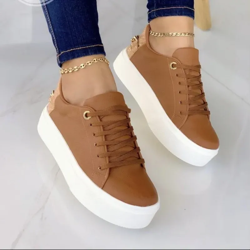 Women'S Fashion Vintage Lace-Up Solid Color Flat Slip-On PU Sneakers Shoes