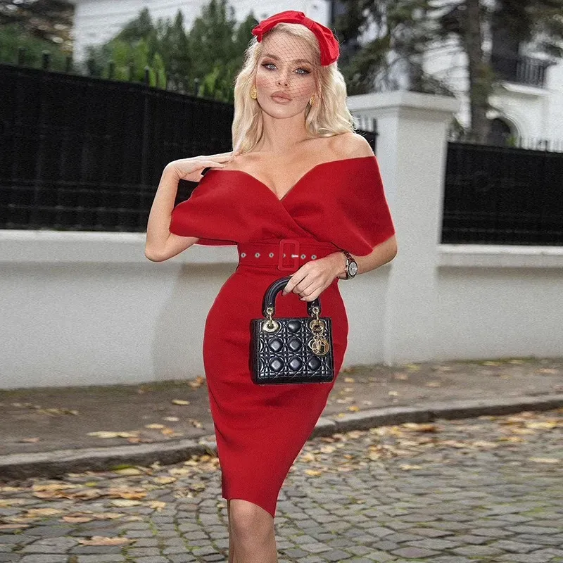 Women Fashion Elegant V-Neck Dress Belt