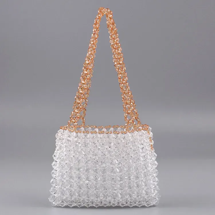 Women Fashion Transparent Acrylic Beaded Woven Square Handle Evening Bag