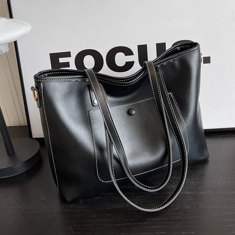 Women Fashionable Large Capacity PU Solid Color Tote Bag