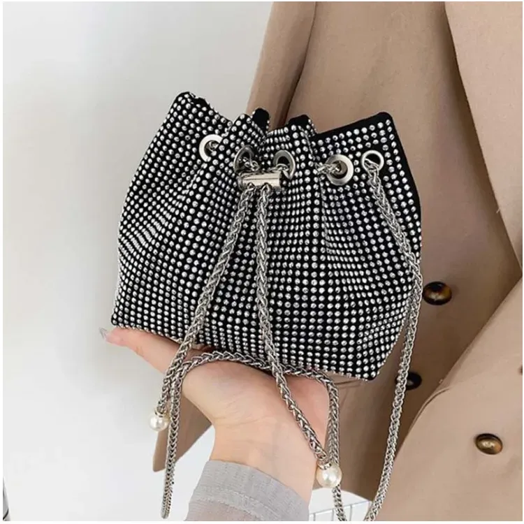 Women Fashion Rhinestone Chain Bucket Bag