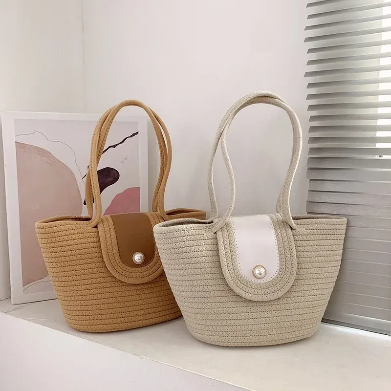 Women Fashionable Simple Pearl Flap Straw Woven Large Capacity Tote Bag