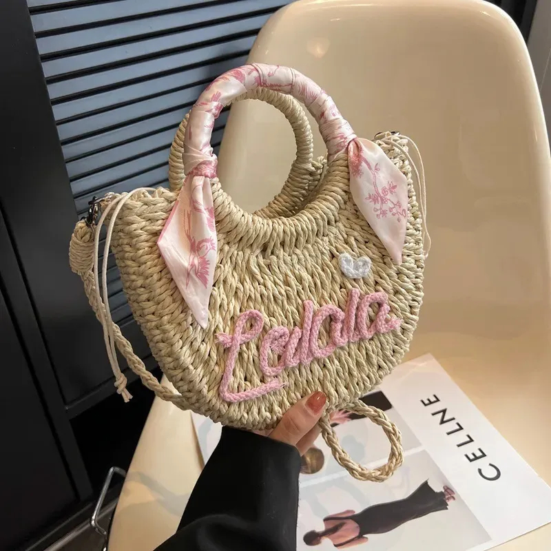 Women Fashion Letters Straw Woven Silk Scarf Decorative Handle Bag