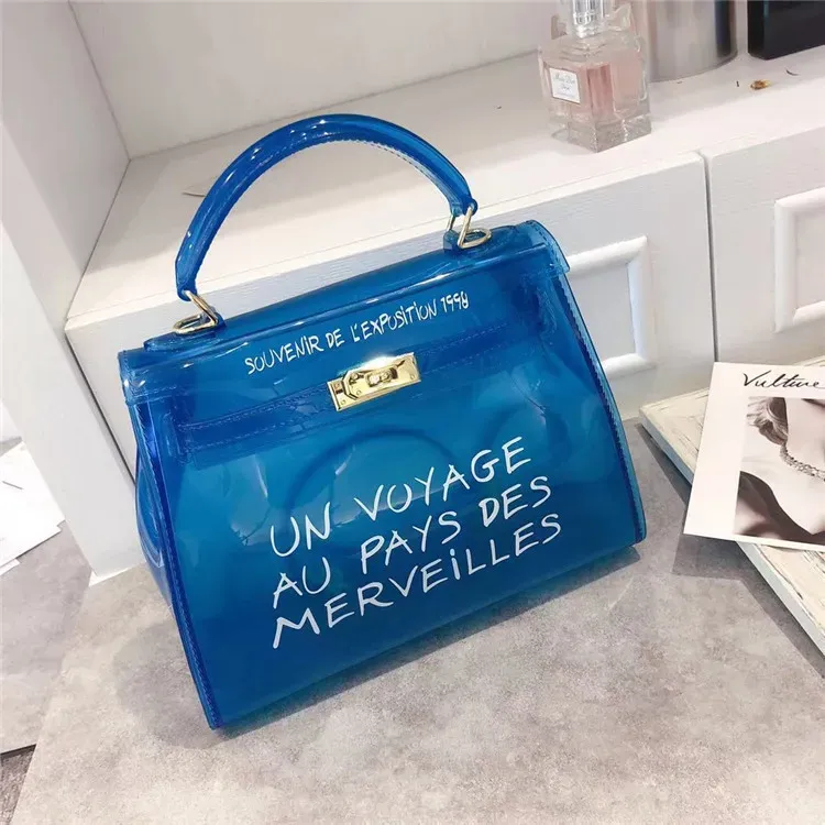 Women Fashion Letter Print Clear PVC Jelly Handbag