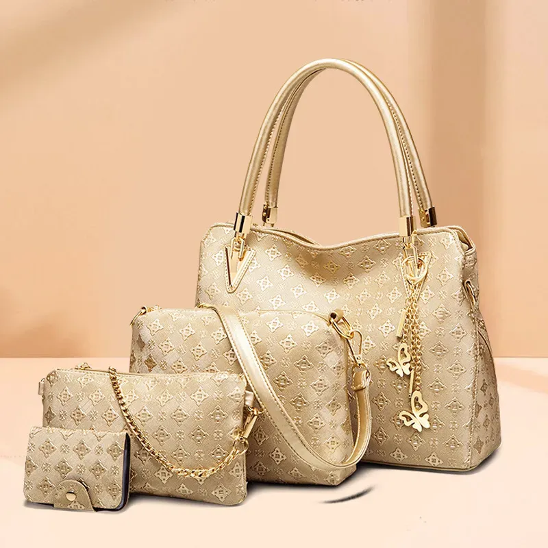 Women Fashion Floral Embossed Butterfly Metal Pendant Handbag Wallet Shoulder Bag Four-Piece Set