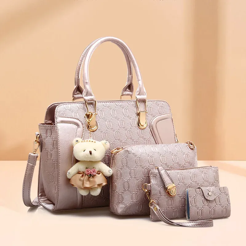 Women Fashion Large Capacity Embossed Plush Bear Pendant Wallet Handle Shoulder Bag Four-Piece Set