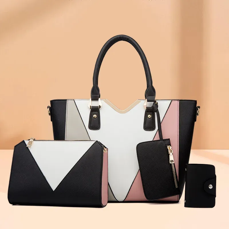 Women Fashionable Simple Large Capacity Color Block Wallet Handle Shoulder Bag Four-Piece Set