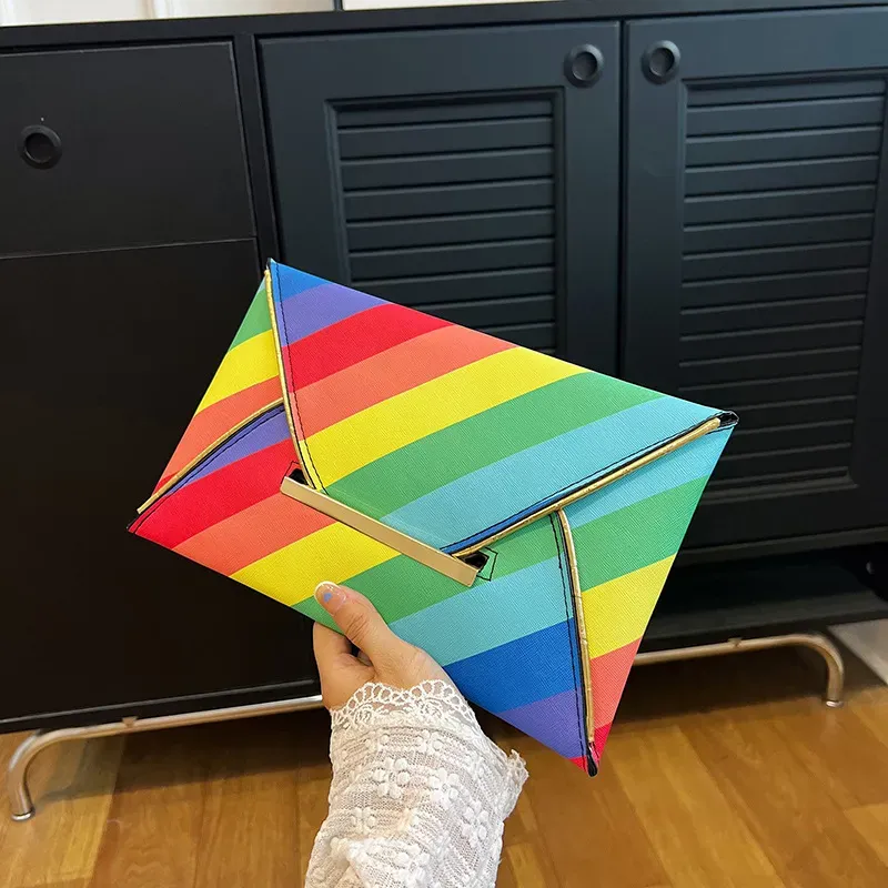 Women Fashion Rainbow Color Block Envelope Rectangular Purses