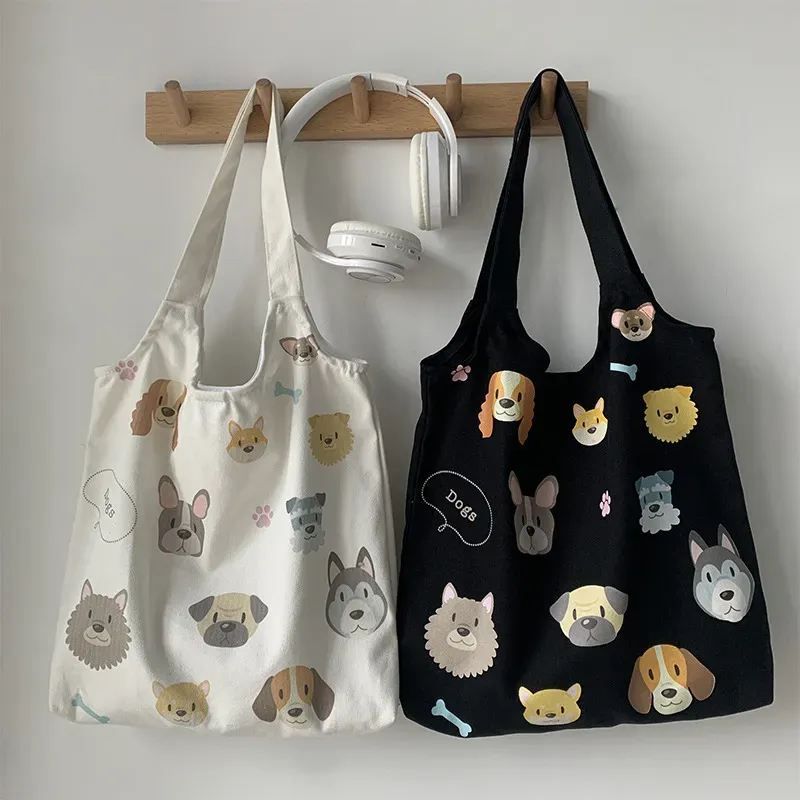 Women Fashion Cartoon Dog Print Large Capacity Canvas Tote Bag