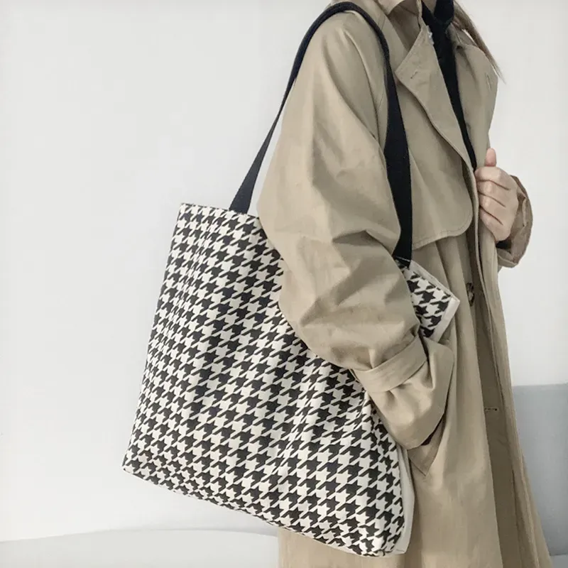 Women Fashionable Large Capacity Houndstooth Canvas Tote Bag