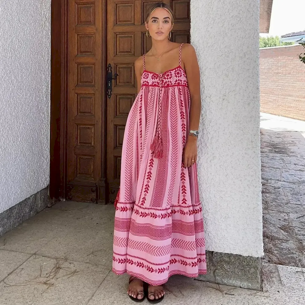 Bohemian Women Casual Embroidered Sling Maxi Dress