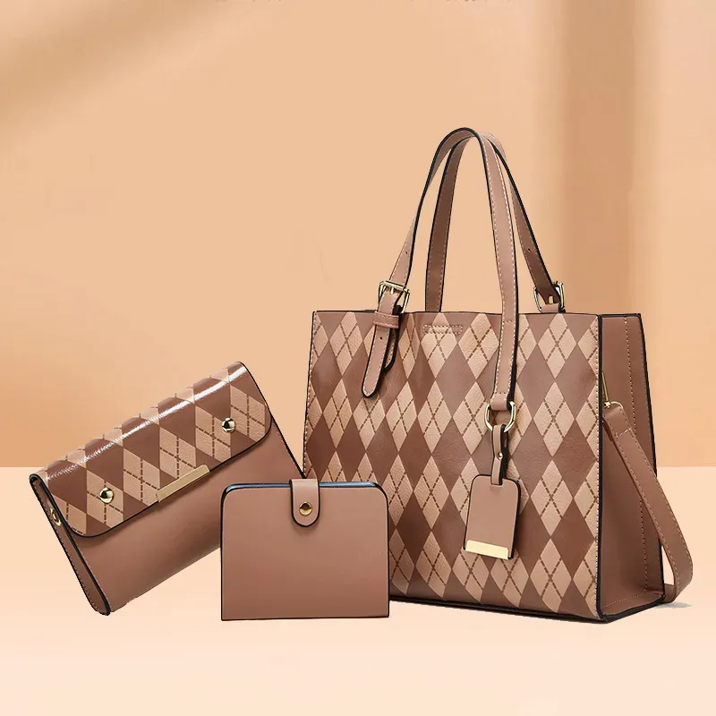 Women Fashion Diamond Embossed Mini Wallet Large Capacity Handle Shoulder Bag Three-Piece Set