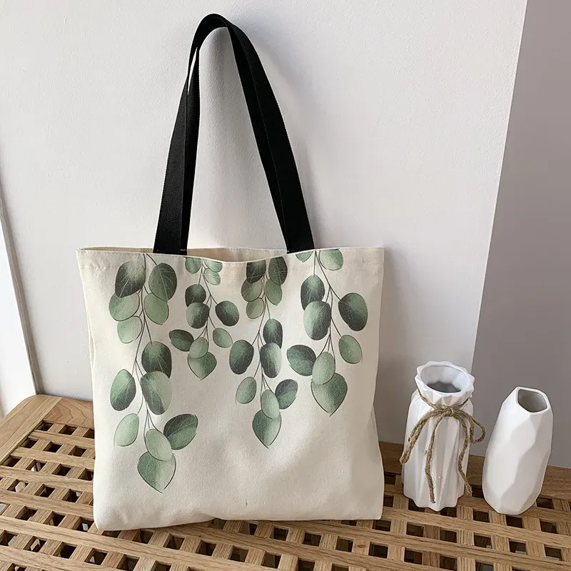 Women Simple Leaf Print Large-Capacity Canvas Tote Bag