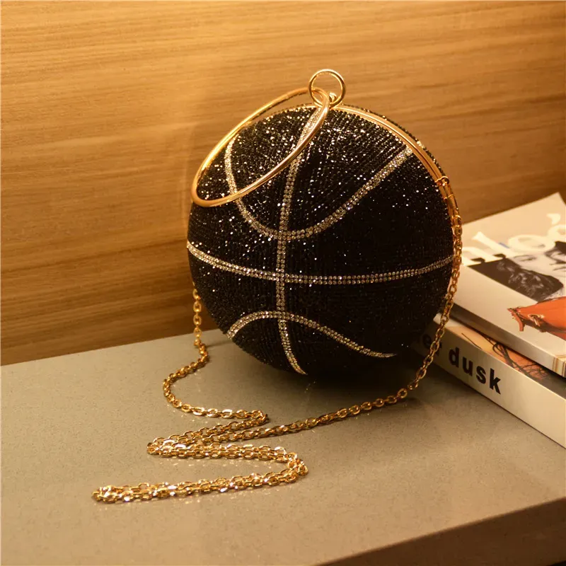 Women Fashion Creative Basketball Shape Rhinestone Ring Handle Chain Evening Bag