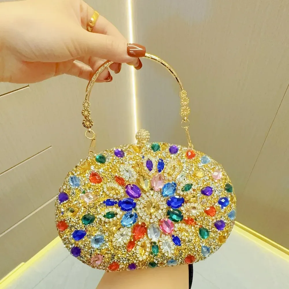 Women Fashion Multicolor Rhinestone Handle Evening Bag