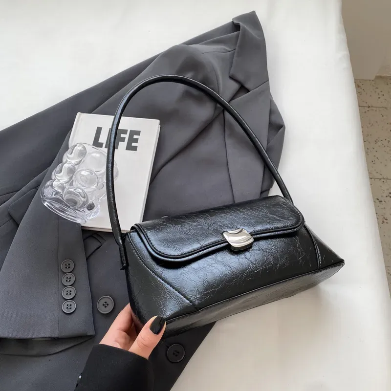 Women Simple Solid Color PU Magnetic Button Flip-On Square Shoulder Underarm Bag