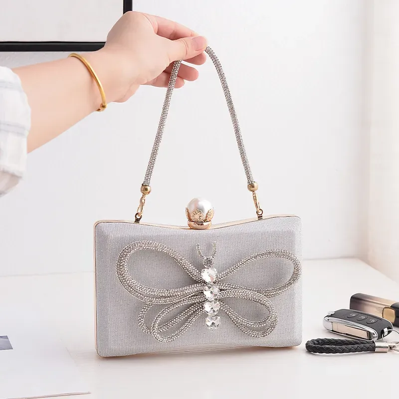 Women Fashion Bow Rhinestone Square Evening Bag