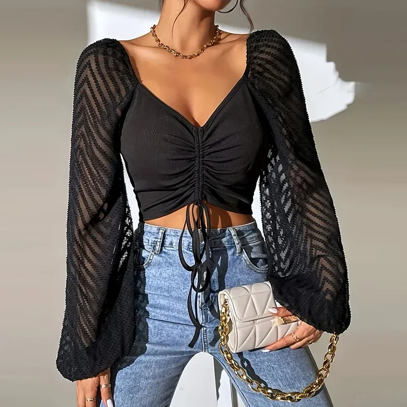 Women Fashion Solid Color Drawstring Lace-Up Lantern Sleeve Crop Top