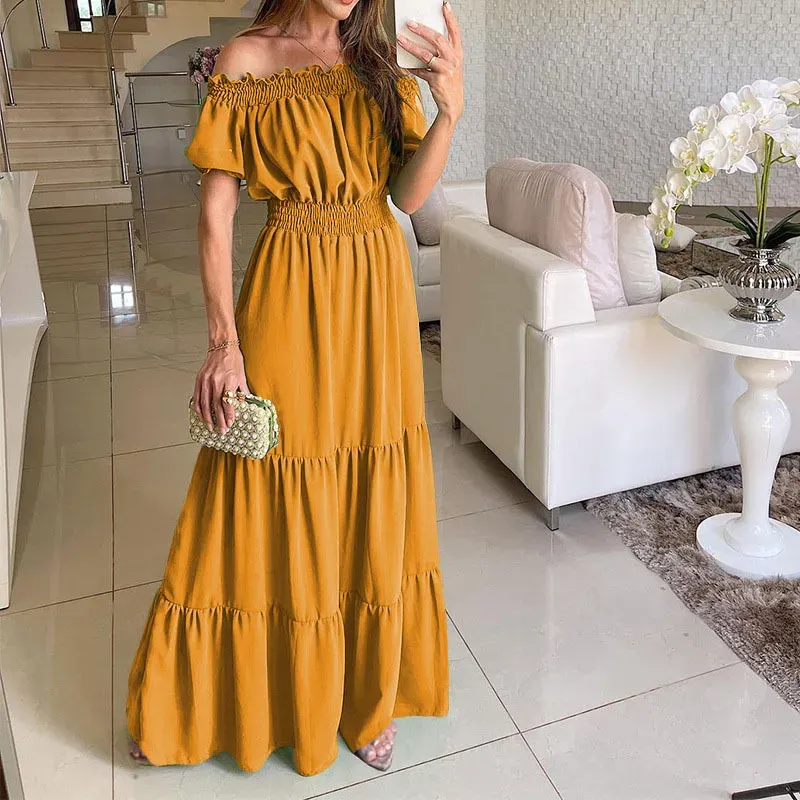 Summer Women Fashion Casual Solid Color Off Shoulder Short Sleeve Maxi Dress