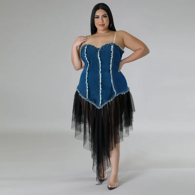 Women Fashion Plus Size Denim Stitching Mesh Sling Dress