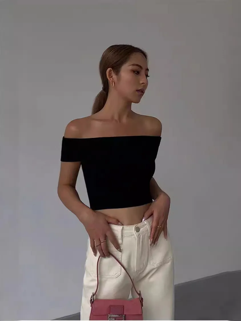 Solid Color Short-Sleeved Summer Women Off Shoulder Crop Top T-Shirt