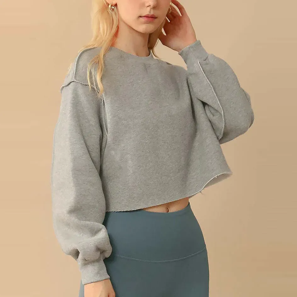 Autumn Winter Women Casual Solid Color Round Neck Long Sleeve Crop Blank Sweatshirt