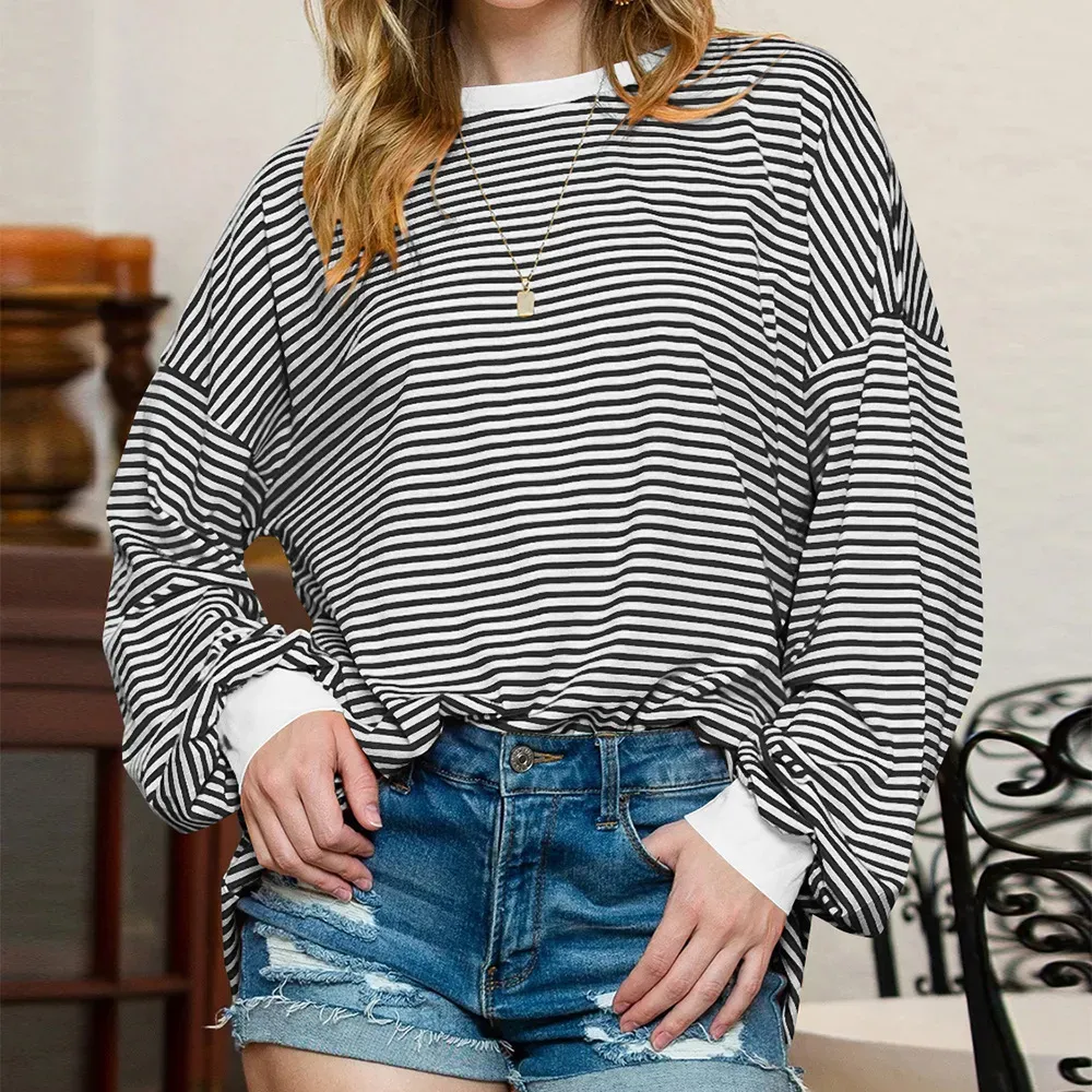 Women Casual Stripe Crewneck Long Sleeve Sweatshirt