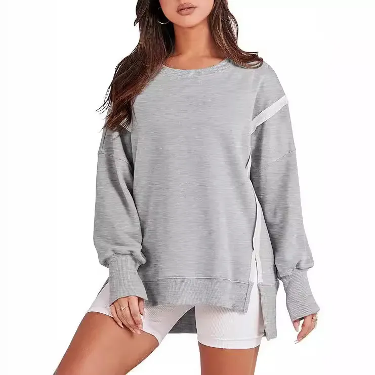 Women Casual Solid Color Crewneck Long Sleeve Split Blank Sweatshirt