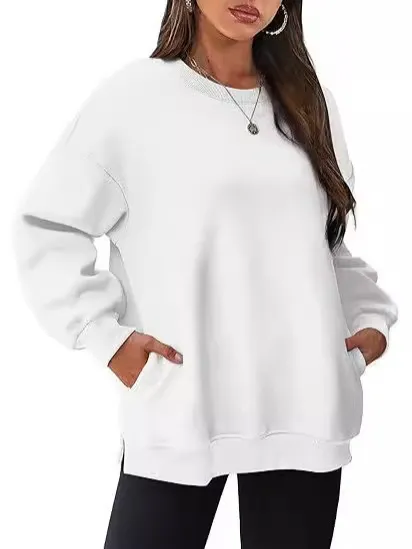 Women Fashion Casual Solid Color Round Neck Long Sleeve Blank Sweatshirt