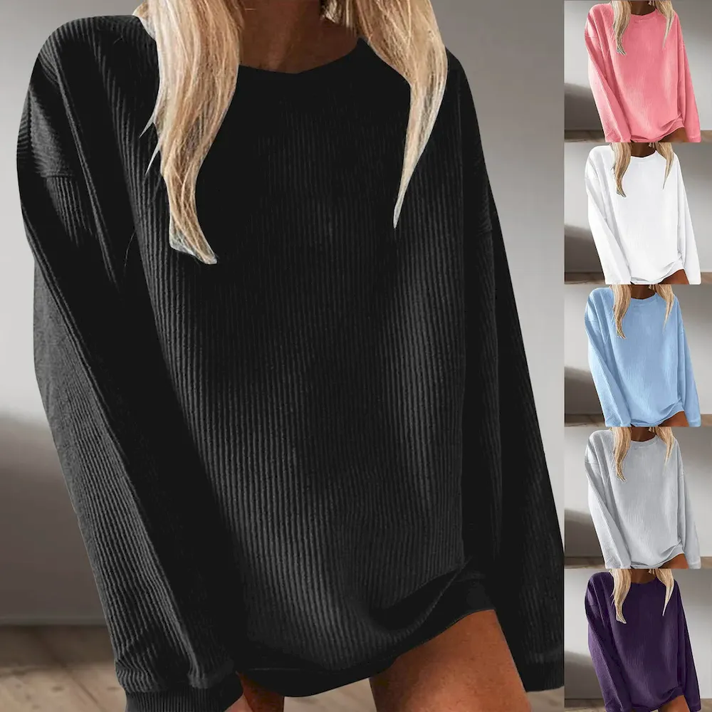 Women Casual Solid Color Crewneck Long Sleeve Blank Sweatshirt