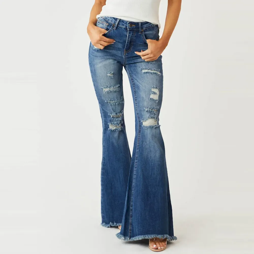 Women Fashion Slim-Fit Stretch Ripped Flared Jeans